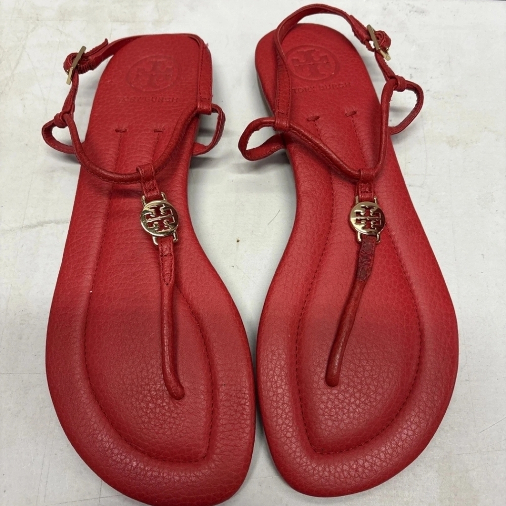 Tory Burch Designer Emmy Red Gold Sandals T Strap 8 - Picture 4 of 11